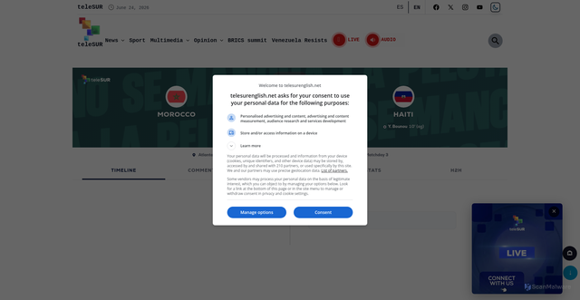 Security scan screenshot of https://www.telesurenglish.net/partido-mundial-en/morocco-haiti/?fixture_id=19609187