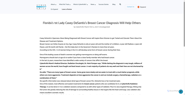 Security scan screenshot of https://www.cyberknifemiami.com/floridas-1st-lady-casey-desantiss-breast-cancer-diagnosis-will-help-others/