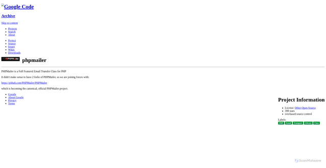 Security scan screenshot of https://code.google.com/archive/a/apache-extras.org/p/phpmailer