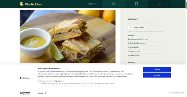 Security scan screenshot of https://gladkokken.no/en/recipes/cubanos-the-famous-sandwich-from-cuba