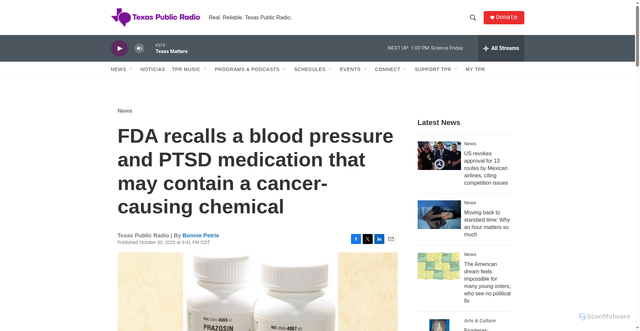 Security scan screenshot of https://www.tpr.org/news/2025-10-30/fda-recalls-a-blood-pressure-and-ptsd-medication-that-may-contain-a-cancer-causing-chemical