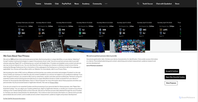 Security scan screenshot of https://www.sjearthquakes.com/