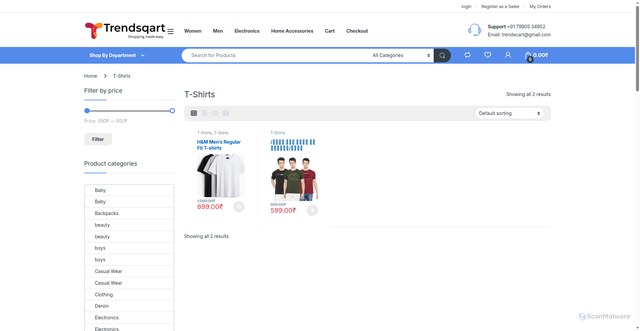 Security scan screenshot of https://trendsqart.com/product-category/t-shirts-ar/