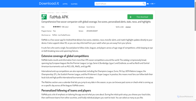 Security scan screenshot of https://fotmob.en.download.it/android
