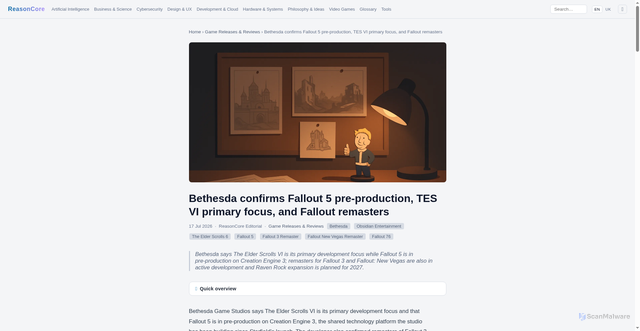 Security scan screenshot of https://reasoncore.dev/post/bethesda-confirms-fallout-5-preproduction-tes-vi-primary-focus-and-fallout-remasters