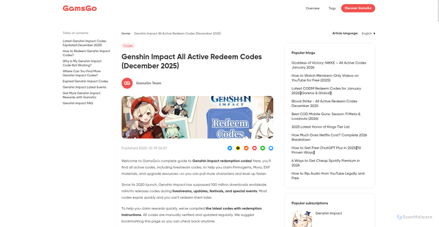 Security scan screenshot of https://www.gamsgo.com/blog/genshin-impact-codes