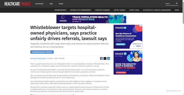Security scan screenshot of https://www.healthcarefinancenews.com/news/whistleblower-targets-hospital-owned-physicians-says-practice-unfairly-drives-referrals