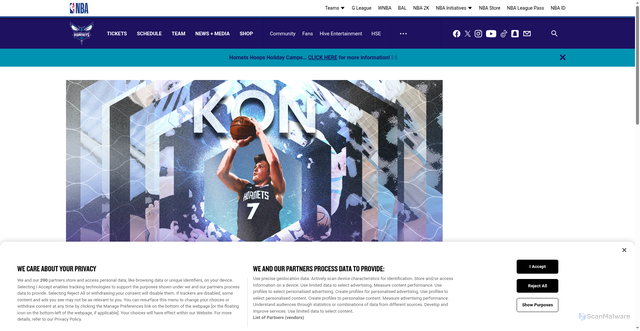 Security scan screenshot of https://hornets.com/news/charlottes-kon-knueppel-becomes-fastest-player-in-nba-history-to-reach-100-career-3-point-field-goals