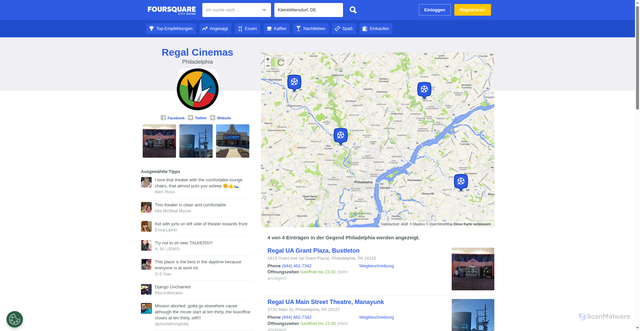 Security scan screenshot of https://de.foursquare.com/locations/regal-cinemas/philadelphia