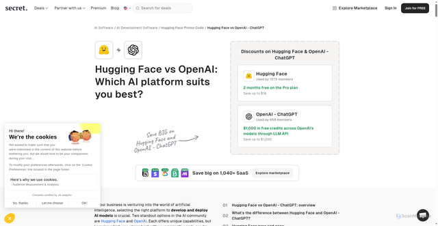 Security scan screenshot of https://www.joinsecret.com/compare/hugging-face-vs-openai