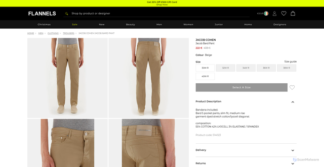 Security scan screenshot of https://www.flannels.ie/jacob-cohen-jacob-bard-pant-514023