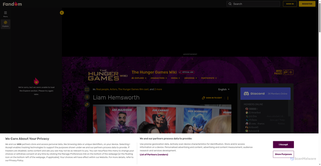 Security scan screenshot of https://thehungergames.fandom.com/wiki/Liam_Hemsworth