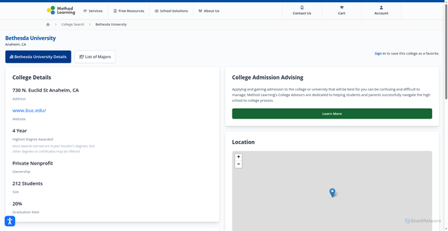 Security scan screenshot of https://www.methodlearning.com/college-search/bethesda-university-anaheim-ca-110060