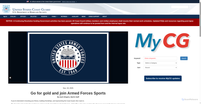 Security scan screenshot of https://www.mycg.uscg.mil/News/Article/4337200/go-for-gold-and-join-armed-forces-sports/