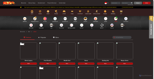 Security scan screenshot of https://haha388lucky.com/games/slot/joker