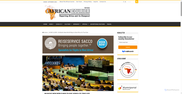 Security scan screenshot of https://www.theafricancourier.de/un-backs-new-world-map-to-give-africa-its-true-size/