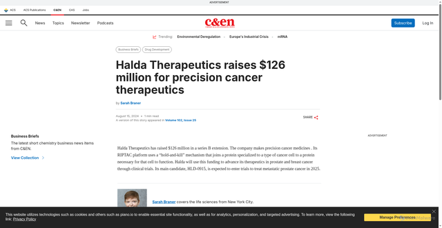 Security scan screenshot of https://cen.acs.org/pharmaceuticals/drug-development/Halda-Therapeutics-raises-126-million/102/i25