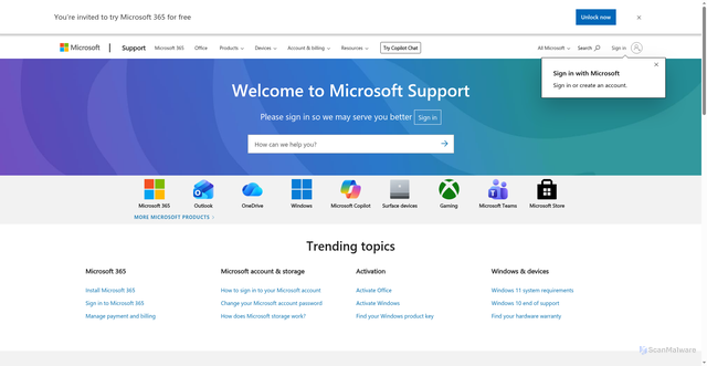 Security scan screenshot of https://support.microsoft.com/