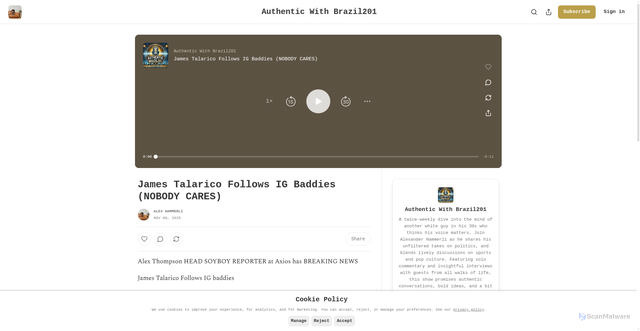 Security scan screenshot of https://brazil201.substack.com/p/james-talarico-follows-ig-baddies-a94