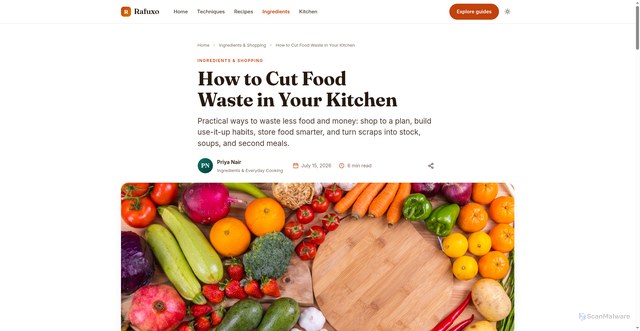 Security scan screenshot of https://rafuxo.pages.dev/how-to-cut-food-waste-in-your-kitchen/