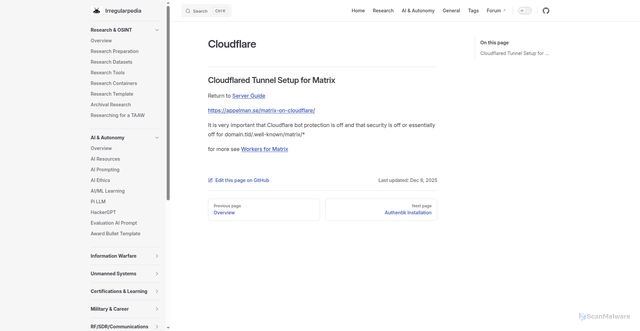 Security scan screenshot of https://irregularchatwiki.pages.dev/infrastructure/cloudflare