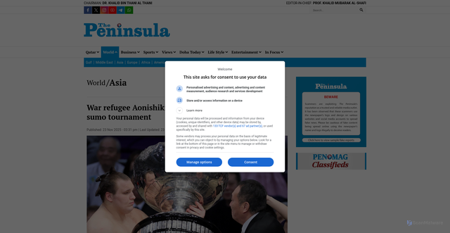 Security scan screenshot of https://thepeninsulaqatar.com/article/23/11/2025/war-refugee-aonishiki-becomes-first-ukrainian-to-win-sumo-tournament