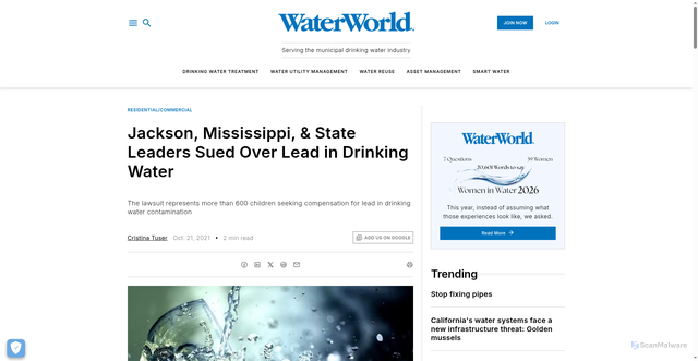 Security scan screenshot of https://www.waterworld.com/residential-commercial/news/14306512/jackson-mississippi-state-leaders-sued-over-lead-in-drinking-water