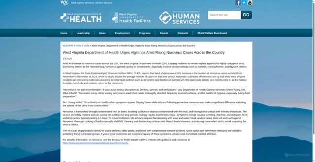 Security scan screenshot of https://dhhr.wv.gov/News/2025/Pages/West-Virginia-Department-of-Health-Urges-Vigilance-Amid-Rising-Norovirus-Cases-Across-the-Country.aspx