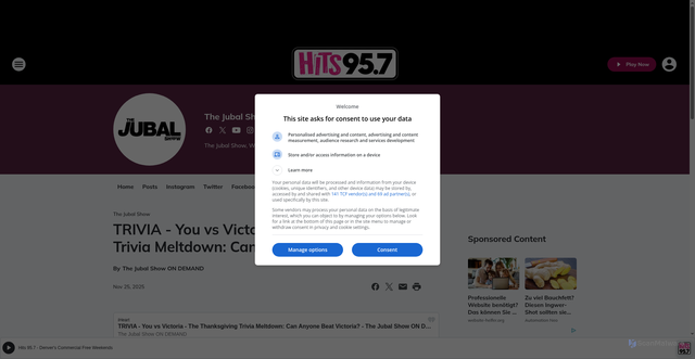 Security scan screenshot of https://hits957.iheart.com/featured/the-jubal-show/content/2025-11-25-1119-the-jubal-show-on-demand-trivia-you-vs-victoria-the-thanksgiving-trivi/