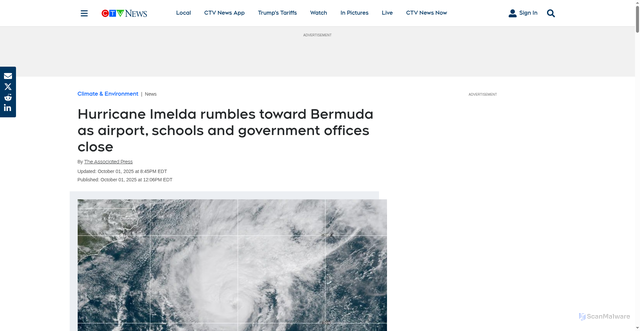 Security scan screenshot of https://www.ctvnews.ca/climate-and-environment/article/hurricane-imelda-rumbles-toward-bermuda-as-airport-schools-and-government-offices-close/