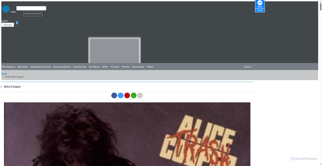 Security scan screenshot of https://www.highresaudio.com/en/artist/view/7d987340-df8d-441c-a610-495dabfffc78/alice-cooper