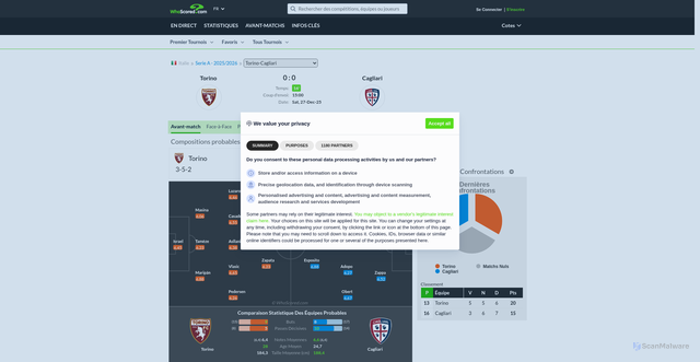 Security scan screenshot of https://fr.whoscored.com/matches/1901319/preview/italie-serie-a-2025-2026-torino-cagliari