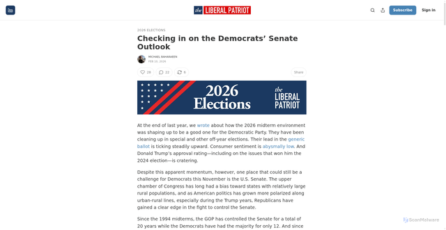 Security scan screenshot of https://www.liberalpatriot.com/p/checking-in-on-the-democrats-senate
