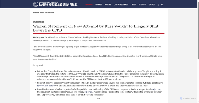 Security scan screenshot of https://www.banking.senate.gov/newsroom/minority/warren-statement-on-new-attempt-by-russ-vought-to-illegally-shut-down-the-cfpb