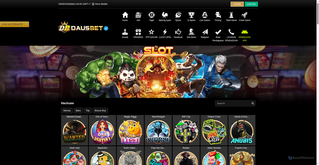 Security scan screenshot of https://dausbetkuberani1.click/desktop/game/slot/hacksaw