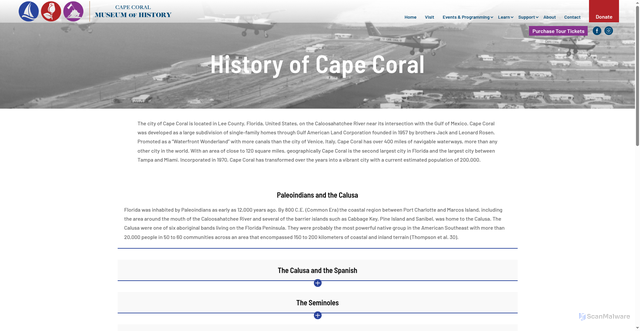 Security scan screenshot of https://capecoralmuseum.org/history-of-cape-coral/