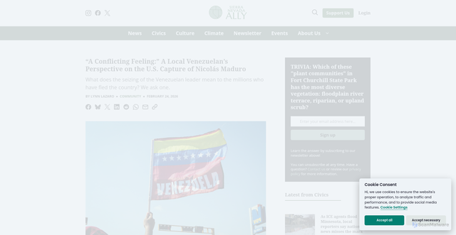 Security scan screenshot of https://sierranevadaally.org/2026/02/24/a-conflicting-feeling-a-local-venezuelans-perspective-on-the-u-s-capture-of-nicolas-maduro/
