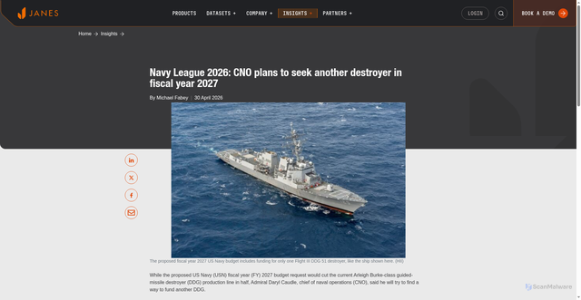 Security scan screenshot of https://www.janes.com/defence-intelligence-insights/defence-news-details/sea/navy-league-2026-cno-plans-to-seek-another-destroyer-in-fiscal-year-2027