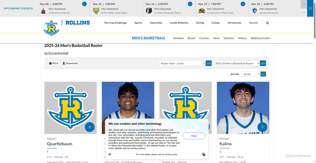 Security scan screenshot of https://rollinssports.com/sports/mbball/roster