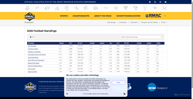 Security scan screenshot of https://rmacsports.org/standings.aspx?standings=198