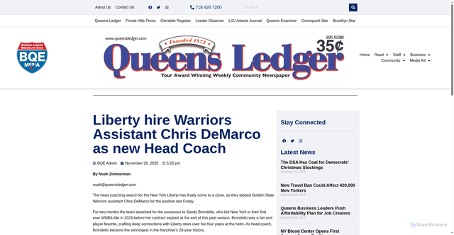 Security scan screenshot of https://queensledger.com/2025/11/26/liberty-hire-warriors-assistant-chris-demarco-as-new-head-coach/