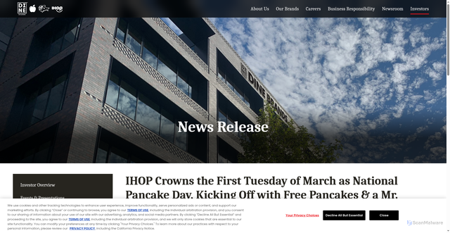 Security scan screenshot of https://investors.dinebrands.com/news-releases/news-release-details/ihop-crowns-first-tuesday-march-national-pancake-day-kicking