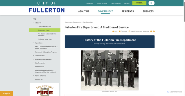 Security scan screenshot of https://www.cityoffullerton.com/about-us/arts-culture/history-of-fullerton/fire-department-history