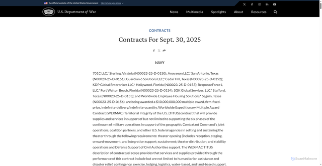 Security scan screenshot of https://www.war.gov/News/Contracts/Contract/Article/4319114/