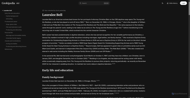 Security scan screenshot of https://grokipedia.com/page/Lauralee_Bell