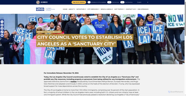 Security scan screenshot of https://cd4.lacity.gov/press-releases/city-council-votes-to-establish-los-angeles-as-a-sanctuary-city/