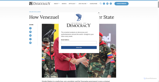 Security scan screenshot of https://www.journalofdemocracy.org/online-exclusive/how-venezuela-became-a-gangster-state/