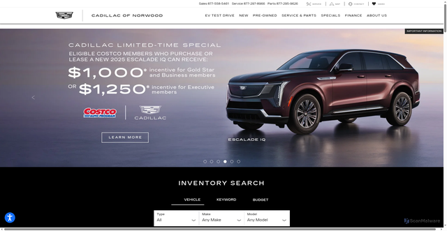 Security scan screenshot of https://www.cadillacnorwood.com/