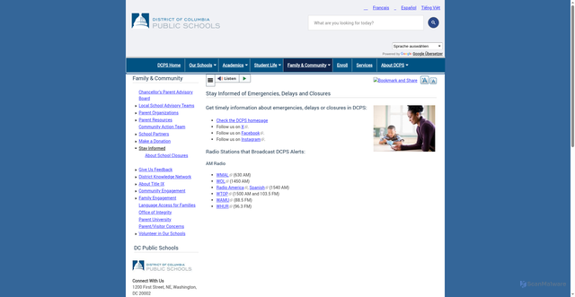 Security scan screenshot of https://dcps.dc.gov/page/stay-informed-emergencies-delays-and-closures