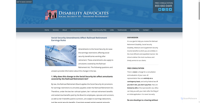 Security scan screenshot of https://disabilityadvocates.net/railroad-retirement-disability-appeals-procedures/social-security-amendments-affect-railroad-retirement-earnings-rules/
